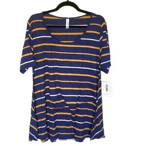LuLaRoe Perfect T Size Large Striped Blue White Yellow Babydoll Top